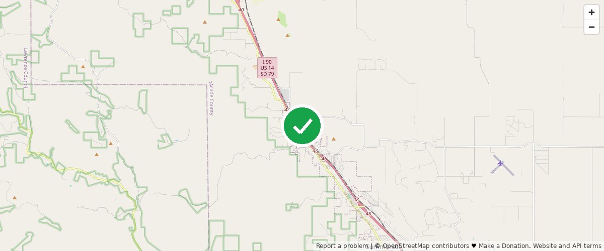 Street map of Piedmont, Meade County, South Dakota, with a green check mark pinning the center of Rapid City Compost's commercial pickup service area.