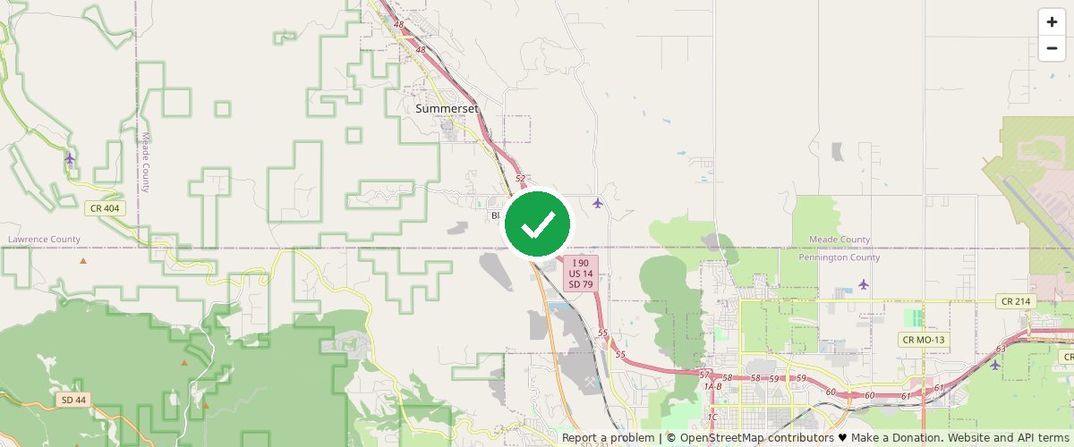 Street map of Black Hawk, Meade County, South Dakota, with a green check mark pinning the center of Rapid City Compost's commercial pickup service area.