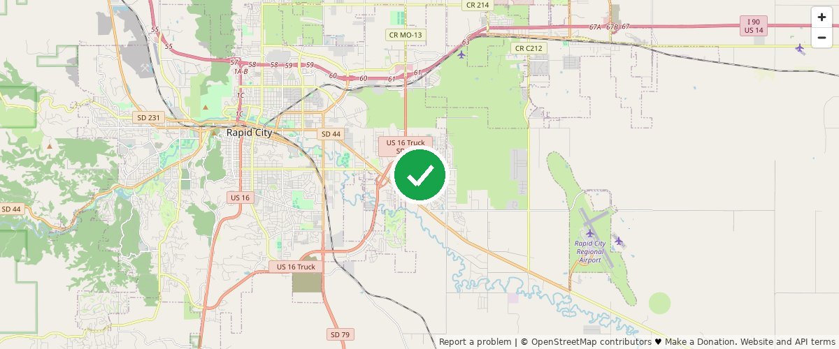Street map of Rapid Valley, Pennington County, South Dakota, with a green check mark pinning the center of Rapid City Compost's commercial pickup service area.