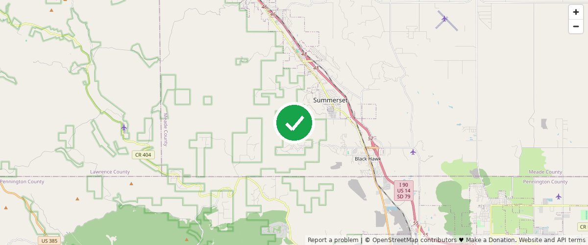 Street map of Summerset, Meade County, South Dakota, with a green check mark pinning the center of Rapid City Compost's commercial pickup service area.