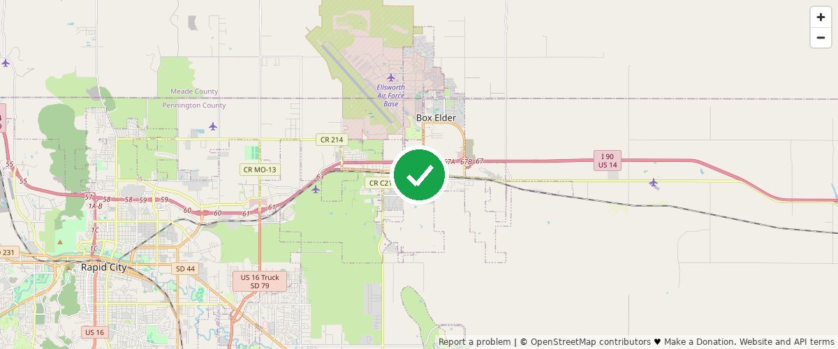 Street map of Box Elder, Pennington / Meade County, South Dakota, with a green check mark pinning the center of Rapid City Compost's commercial pickup service area.