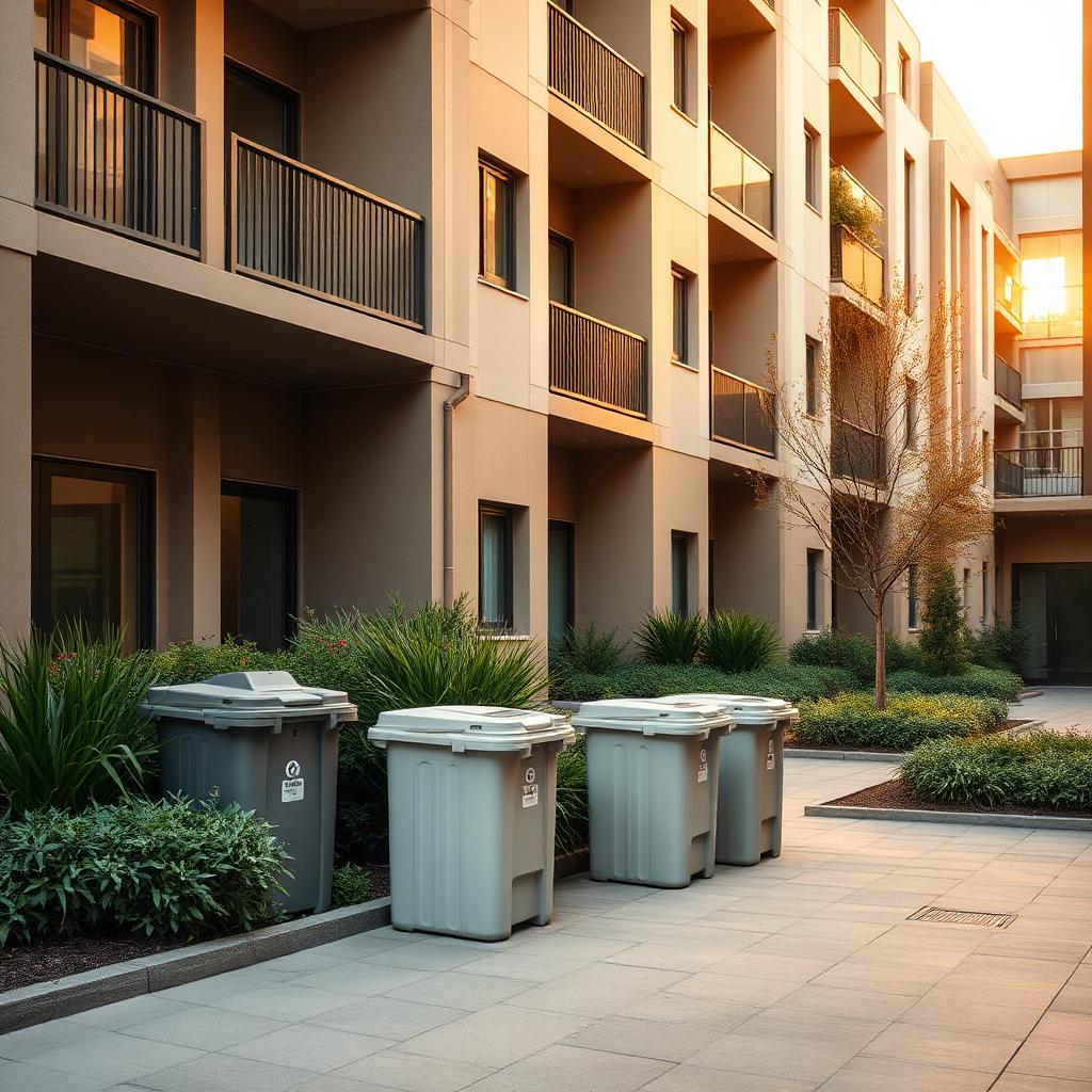 Sealed compost bins beside a modern apartment building courtyard