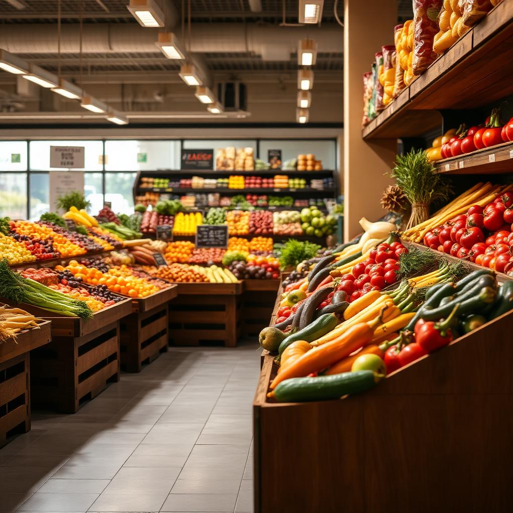 Grocery store produce section with fresh fruits and vegetables