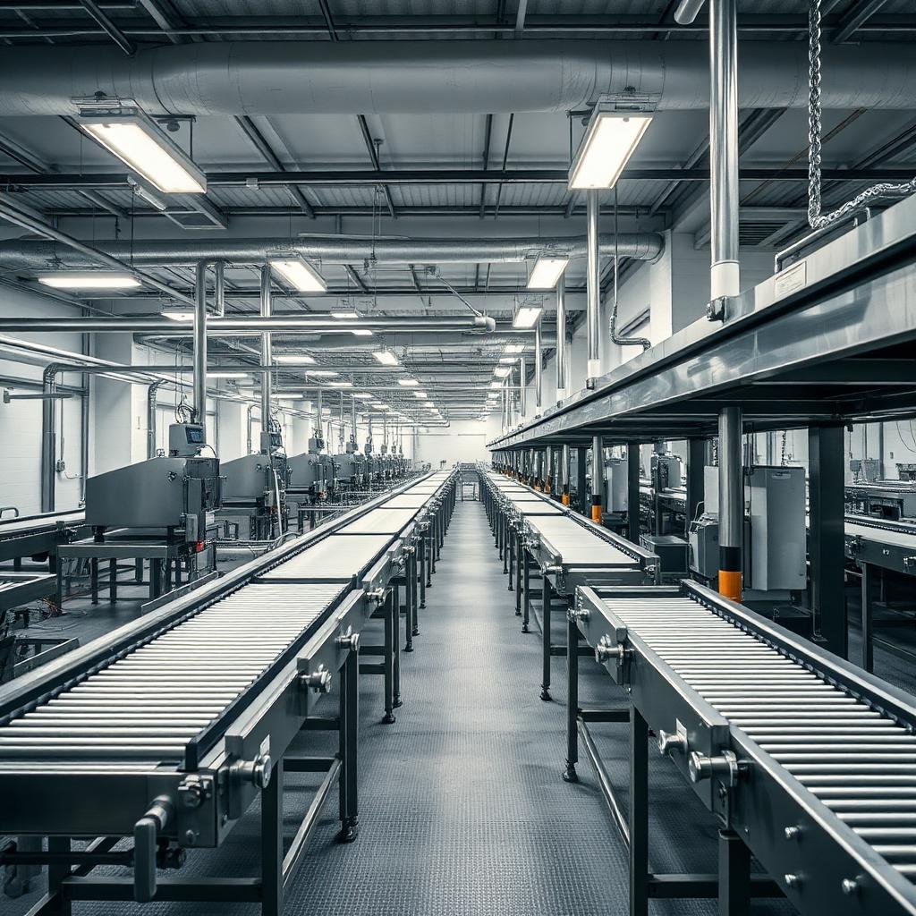 Stainless steel conveyors in a food manufacturing facility