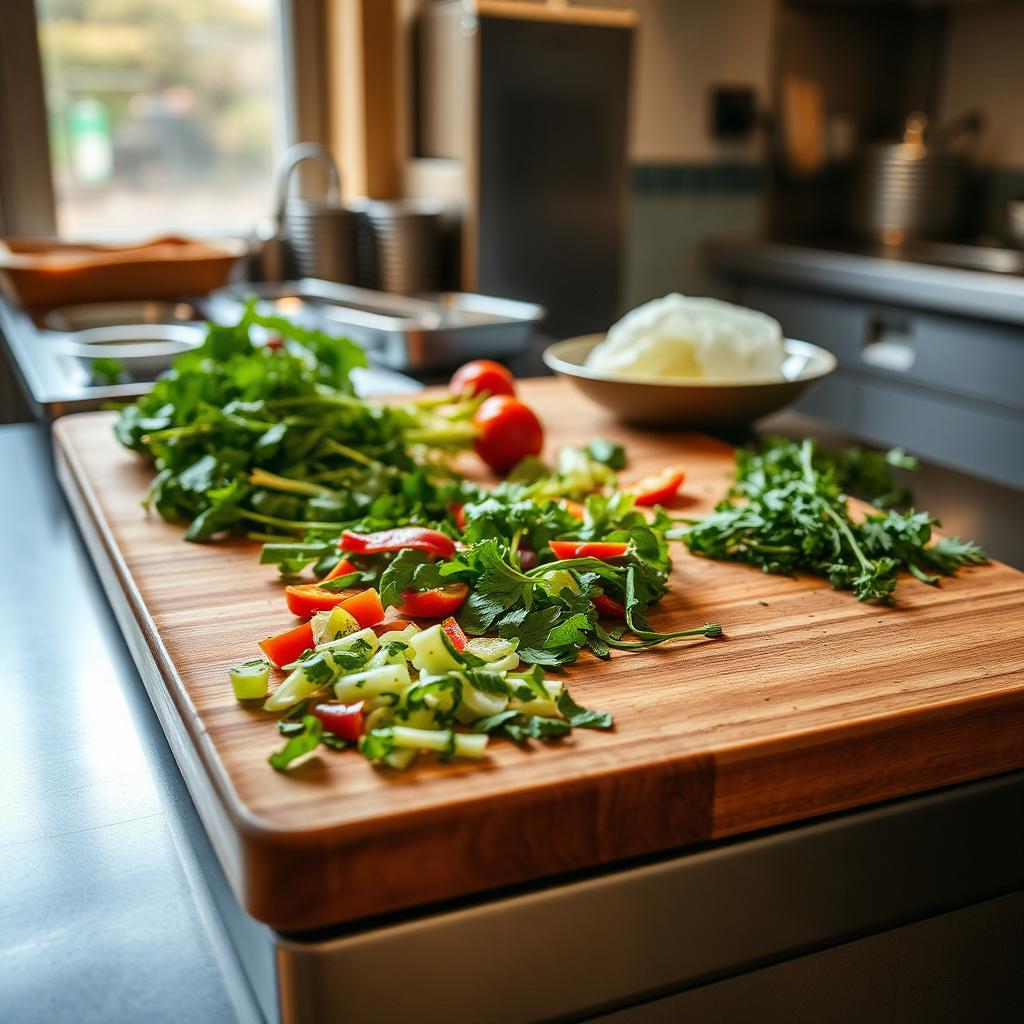 Fresh vegetable trimmings on a restaurant prep cutting board