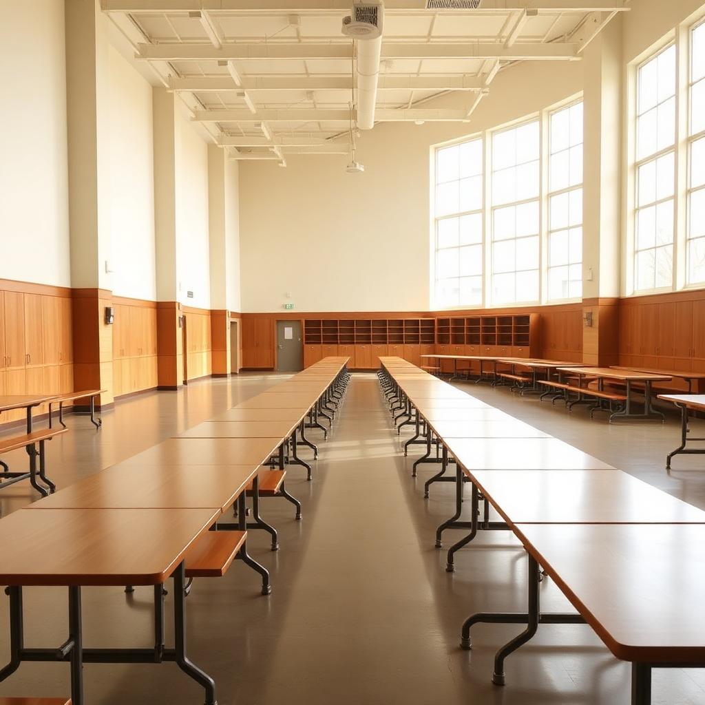 Bright empty school cafeteria with long tables